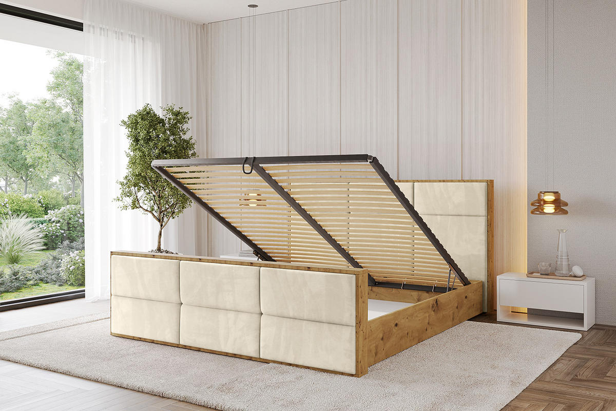 POLSTERBETT mit Bettkasten, Fußteil und Lattenrost, Boxbett mit Matratze H3/H4 - ENZO1-Z 180x200 Beige - Ecru, Holzwerkstoff/Textil (180/200cm) - ALTDECOR