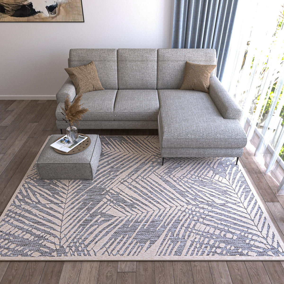 TEPPICH Beige In-Outdoor - Kurzflor Rechteckig - Motiv Pflanzen,Blätter,Blumen - Grau - 120 x 170 cm - Hellgrau/Creme, Textil (120/170cm) - Mazovia