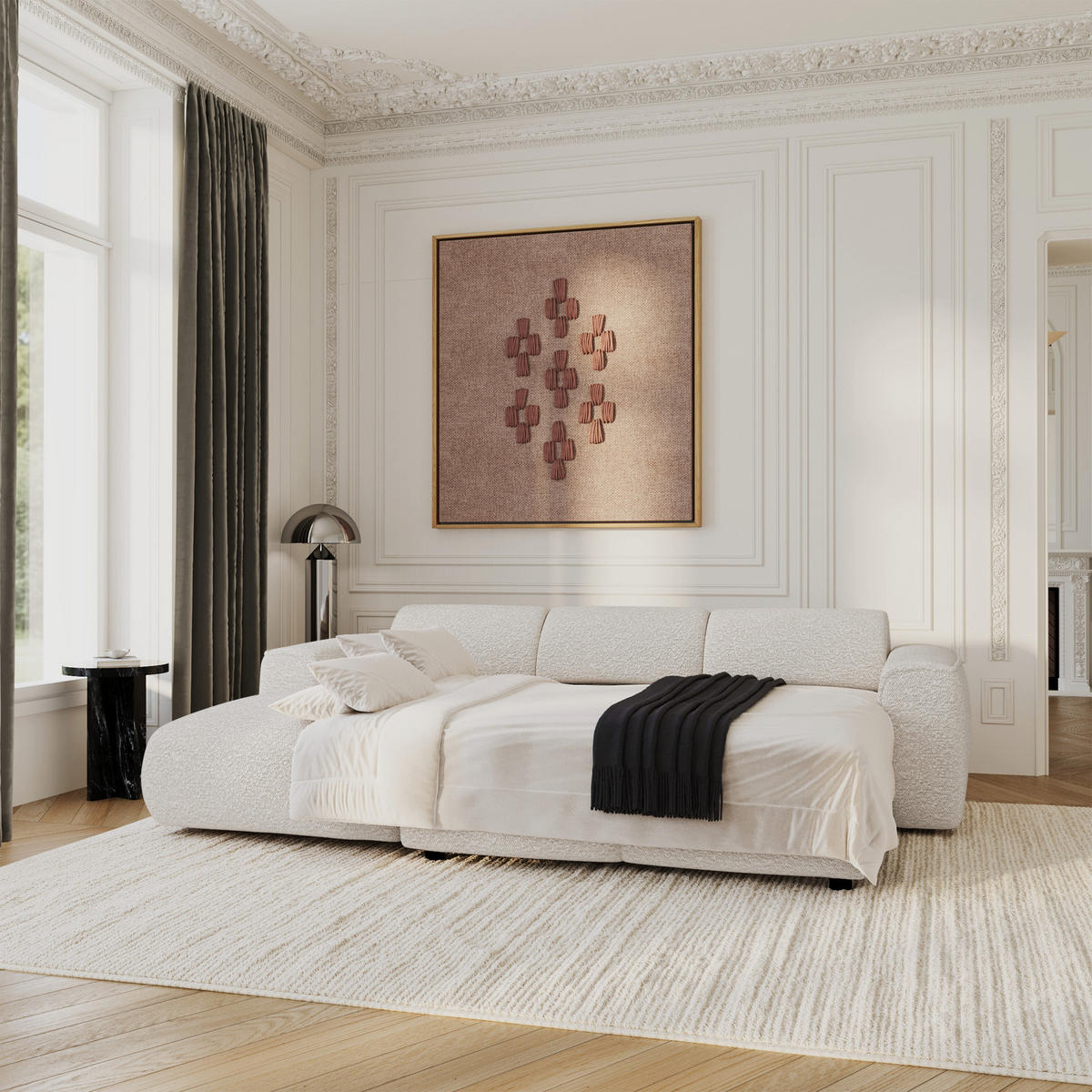 ECKSCHLAFSOFA Bouclé-Stoff Creme 283cm - Creme, Textil (283/180cm) - Sia Home