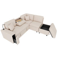 ROZKLÁDACÍ rohová pohovka 213/184/88 cm béžová z lnu s úložným pufem, lampou a USB nabíjením - béžová, textil (184/213cm) - OKWISH