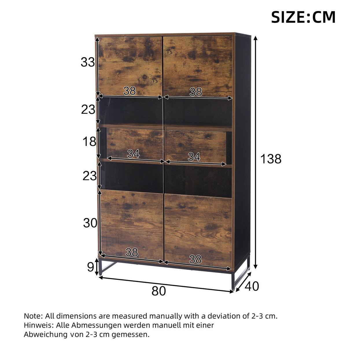 VITRINE DE-37765 mit LED-Beleuchtung und 2 Schubladen Schwarz/Braun - Braun, Holzwerkstoff (80/138/40cm) - ComfortXL