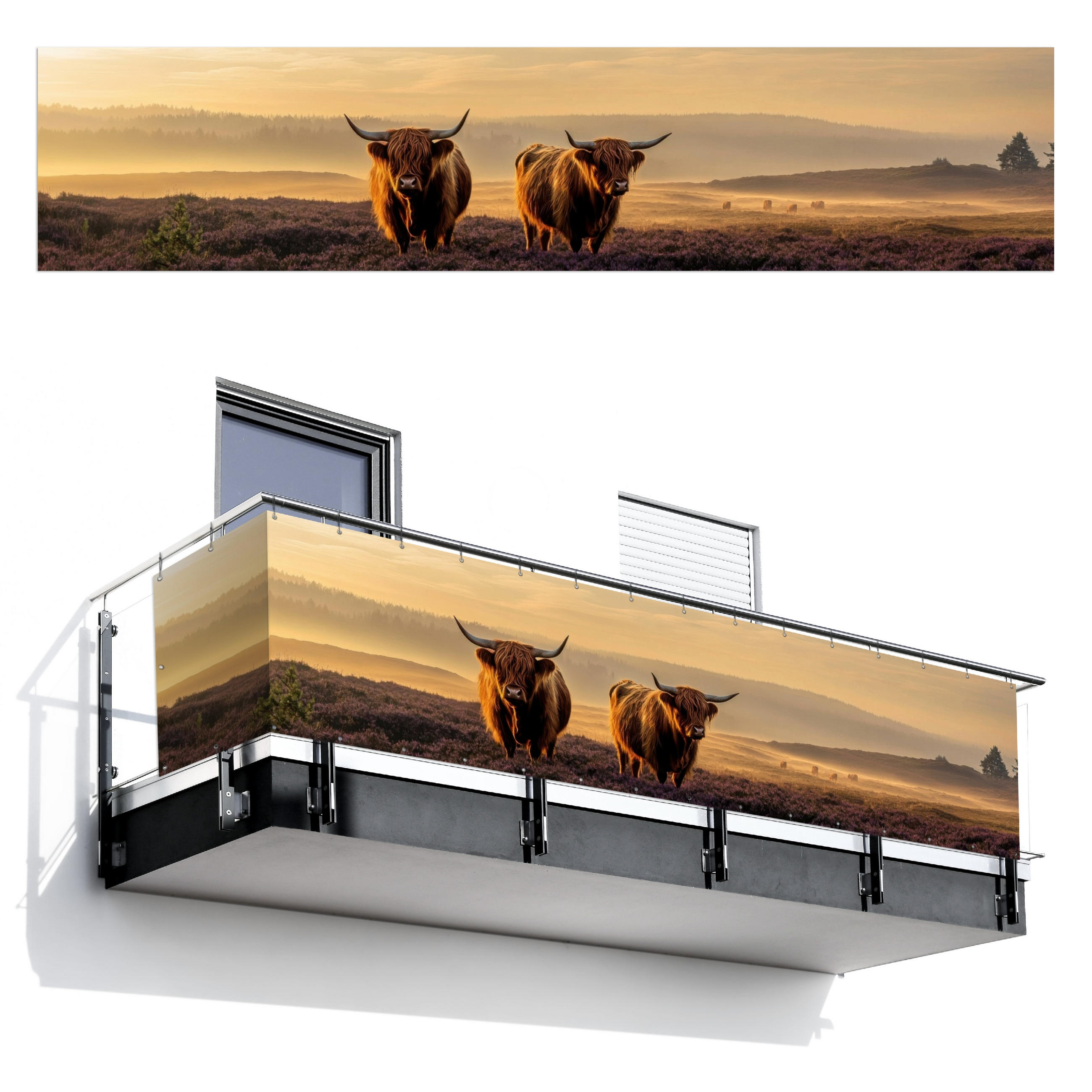 BALKON-SICHTSCHUTZ Schottische Hochlandbewohner - Heide - Landschaft - Tiere - Cognac, Kunststoff (500/110cm) - MuchoWow