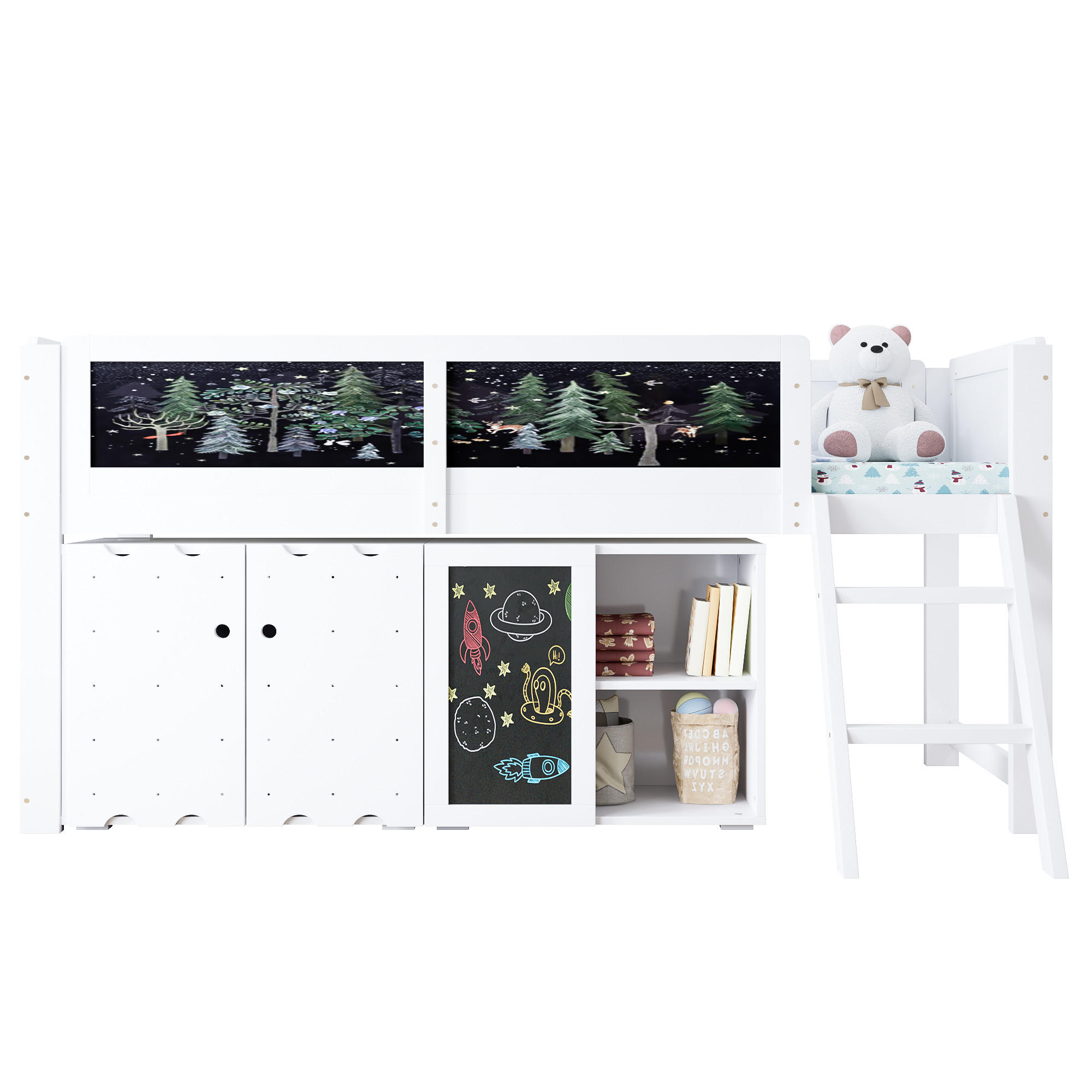 HOCHBETT 90/200 cm in Weiß & Schwarz mit Schrank, Tafel und Schrägleiter - Weiß, Holz/Holzwerkstoff (90/200cm) - CHICFURN