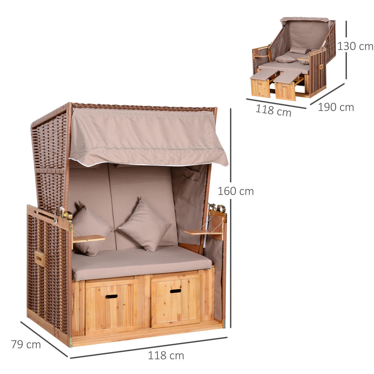 STRANDKORB mit Klapptisch Sitzhocker Getrankehaltern PE Rattan Beige - Beige, Kunststoff (79/150/118cm) - Outsunny