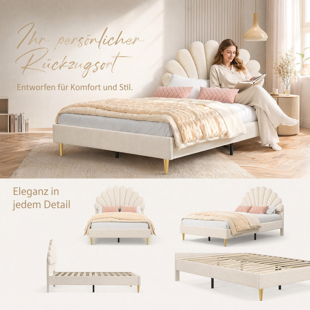 POLSTERBETT 140 x 200, Kinderbett mit Lattenrost, Blütenblattförmiges Kopfteil, Samt, beige - Beige, Holzwerkstoff/Textil (140/200cm) - GENKI LIVING