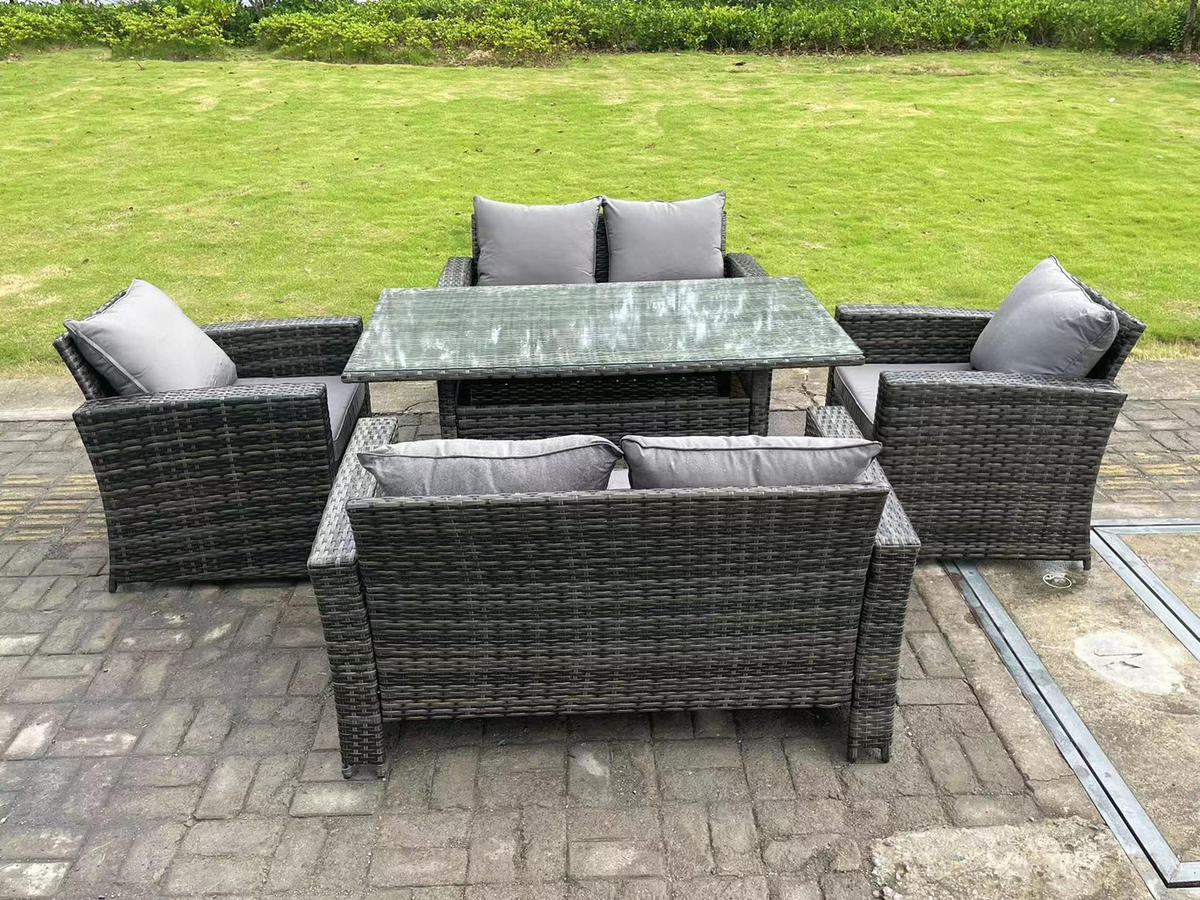 GARTENMÖBELGARNITUR mit Esstisch Polyrattan Dunkelgrau 6-Sitzer - Dunkelgrau/Grau, Glas/Kunststoff - Fimous