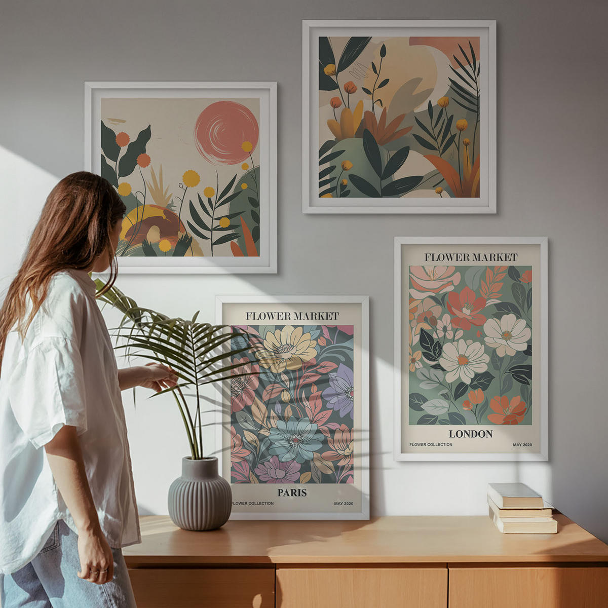 WANDBILDER 4er-Set - 50x50 cm & 40x60 cm Weißer Rahmen - Blumenposter Paris London - Weiß, Kunststoff (50/50cm) - ArtPrintCave