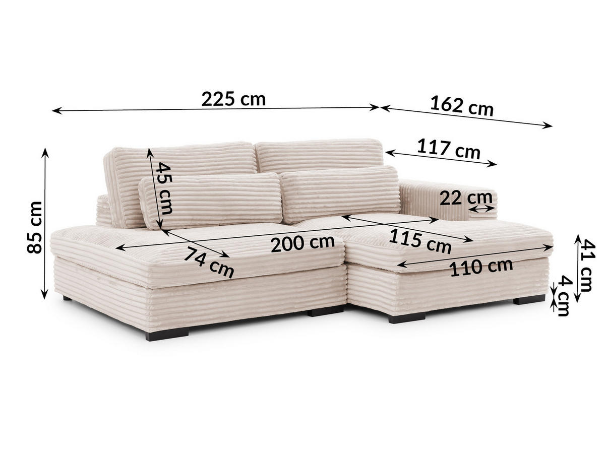 ECKSOFA Wolke mit tiefer Sitzfläche, Schlaffunktion und praktischem Bettkasten aus weichem Hellbeige Cordstoff - Beige/Schwarz, Holz/Kunststoff (225/162cm) - S-Style