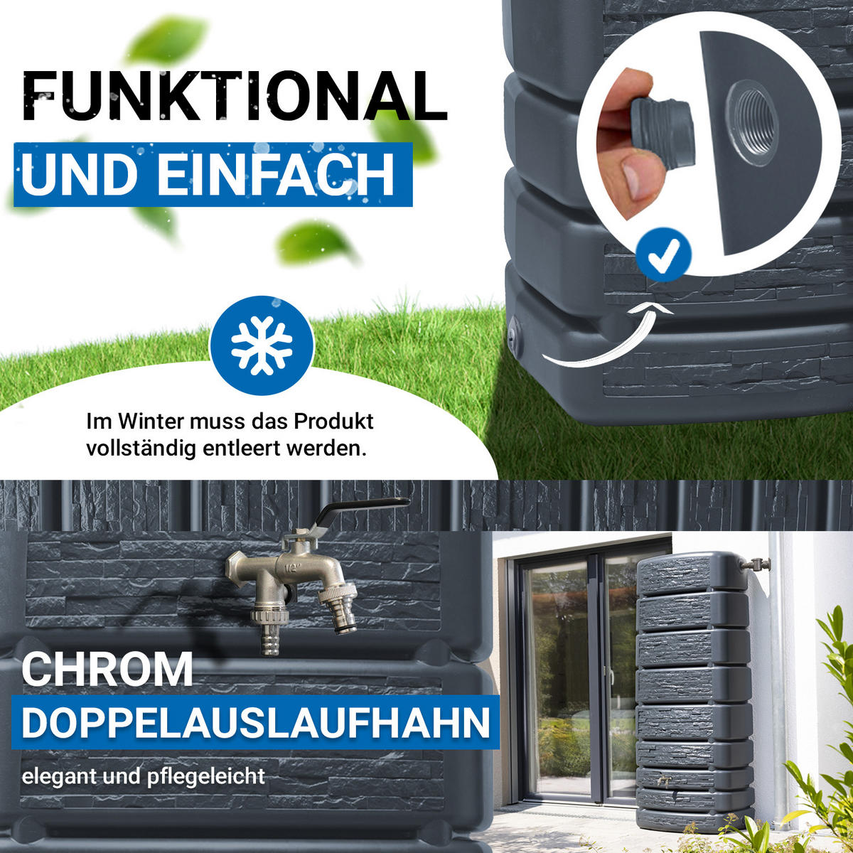 REGENTONNE Wandtank Komplett-Set 500 L, graphite grey inkl. Chrom-Doppelauslaufhahn und Fallrohranschluss - Grau, Kunststoff (75/184/51cm) - 4rain