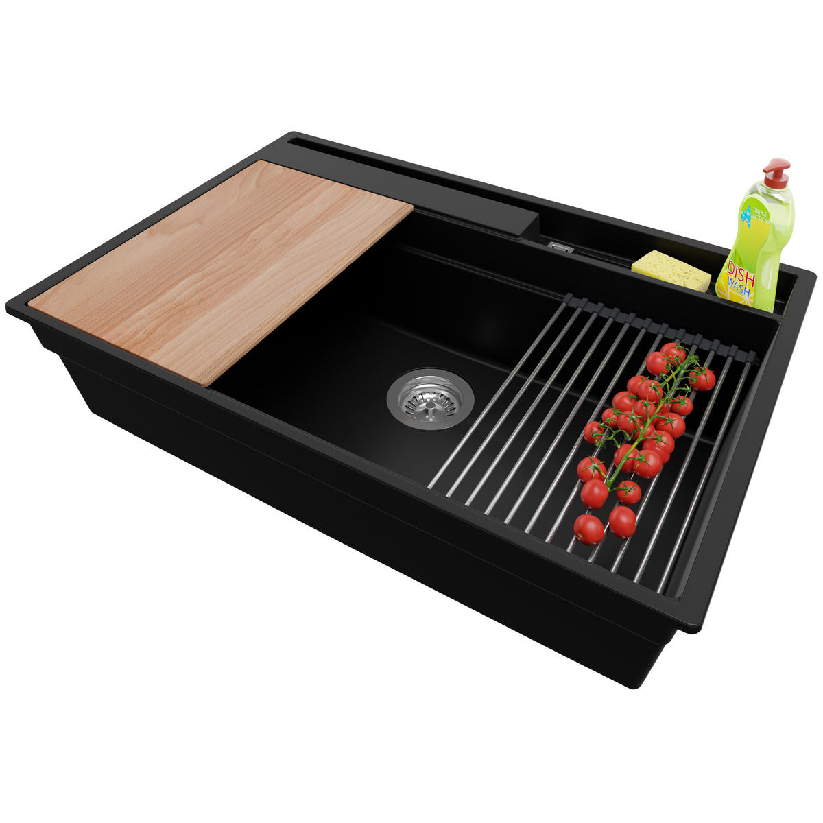 SPÜLBECKEN Oslo Pocket, 2-er set Schwarz 78/53 cm 1 Becken + Ablauf-Set + Küchenzubehörset ab 80er Unterschrank - Chromfarben/Beige, Kunststoff (78/20/53cm) - Primagran