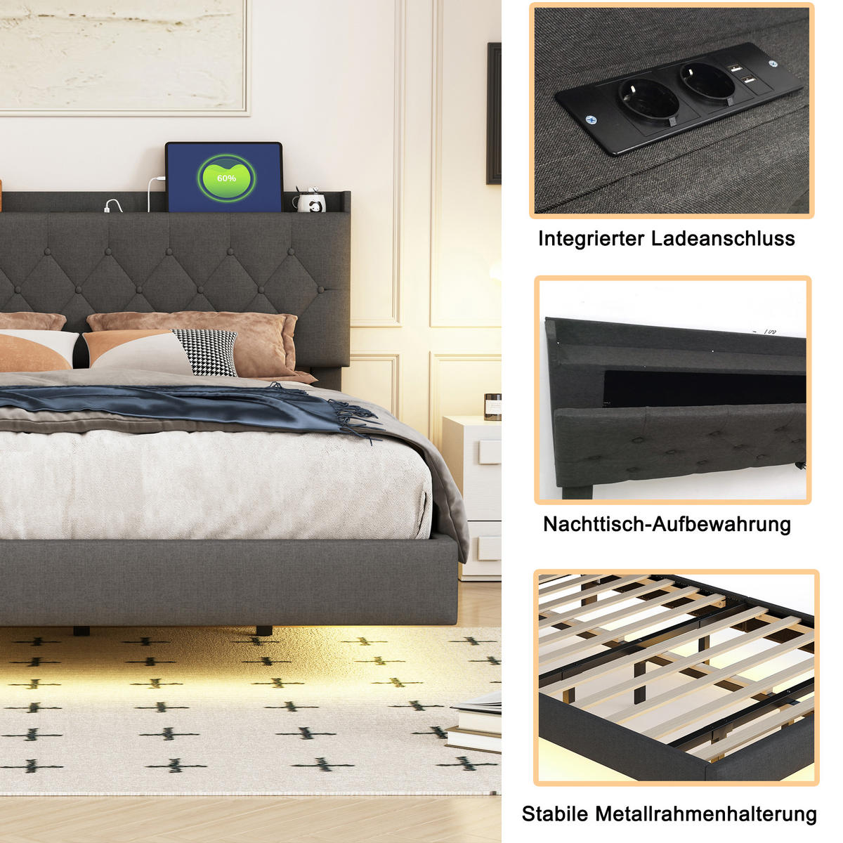POLSTERBETT 160/200 cm grau mit USB-Ladeanschluss und LED-Farbwechsel-Lichtleiste - Grau, Textil (160/200cm) - OKWISH