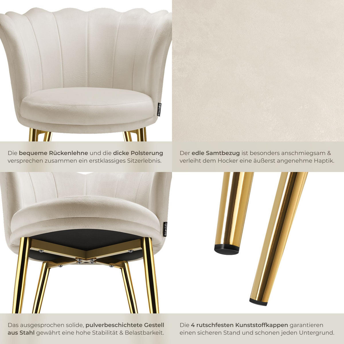 SESSEL Stella,67 x 64 x 76 cm,Samtoptik creme/gold - Goldfarben/Samtahornfarben, Textil (67/76/64cm) - tectake