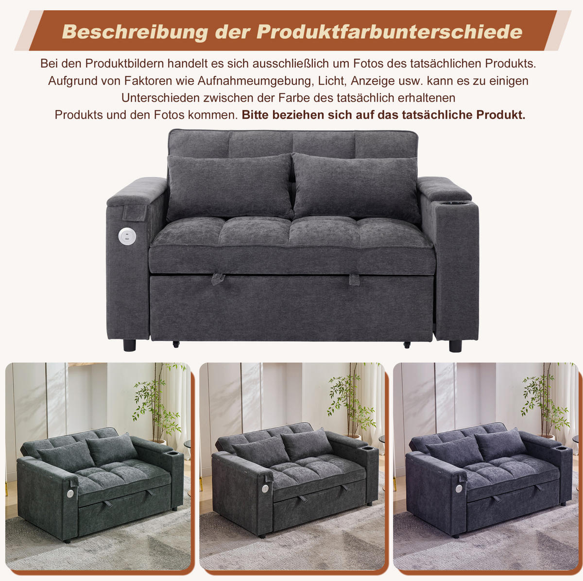 SCHLAFSOFA 140,5/74/82 cm in Grau – ausziehbar mit USB und verstecktem Tisch - Grau, Textil (140.5/82/74cm) - BEAOK