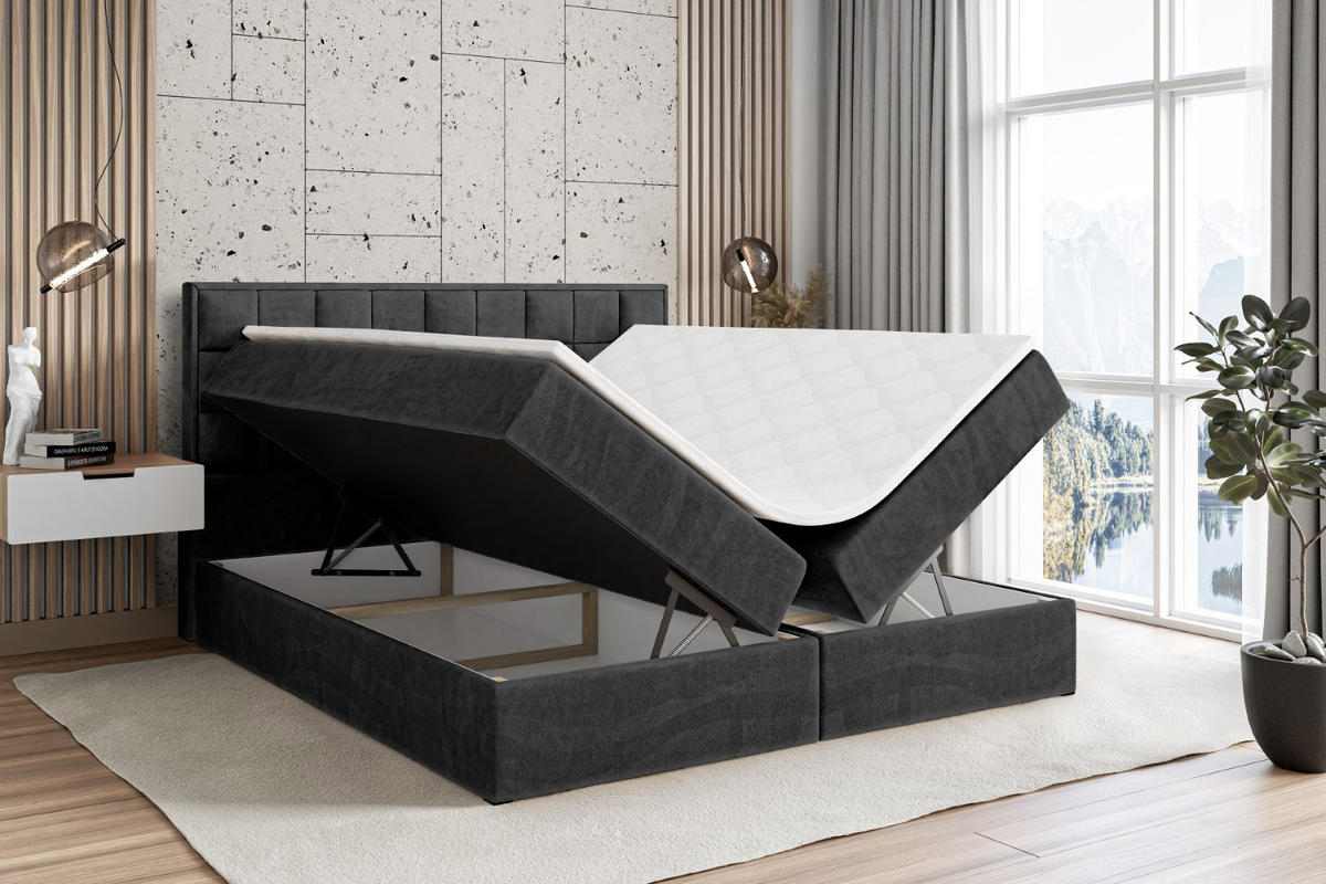 BOXBETT mit H4-Matratze und Lattenrost- ZAFIRA-BZ - 180x200 - Schwarz Samt - Schwarz, Holzwerkstoff (180/200cm) - ALTDECOR