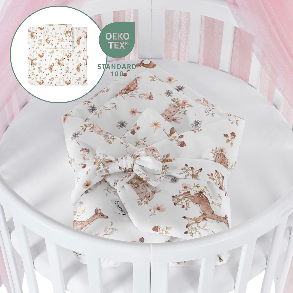 BABYBETT WHITE OVAL 7in1 mit Matratze und Himmelset - Weiß/Rosa, Holz/Textil