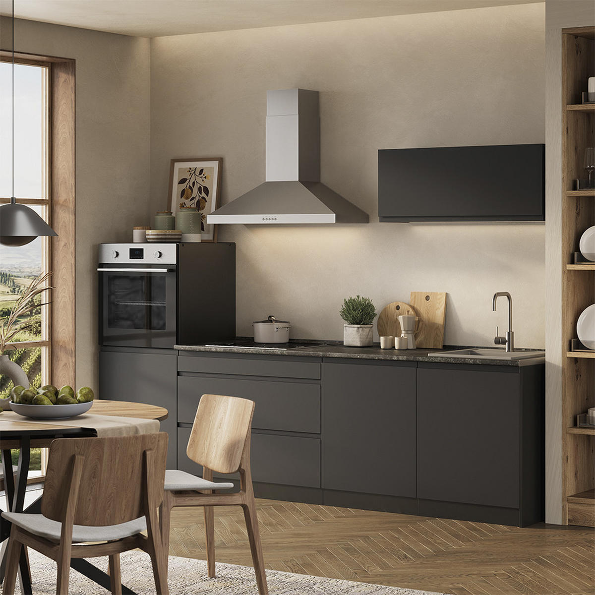 KÜCHENZEILE R-Line, Anthrazit/Anthrazit, 280 cm Arbeitsplatte Satin - Anthrazit, Holzwerkstoff (280/143/60cm) - Vicco