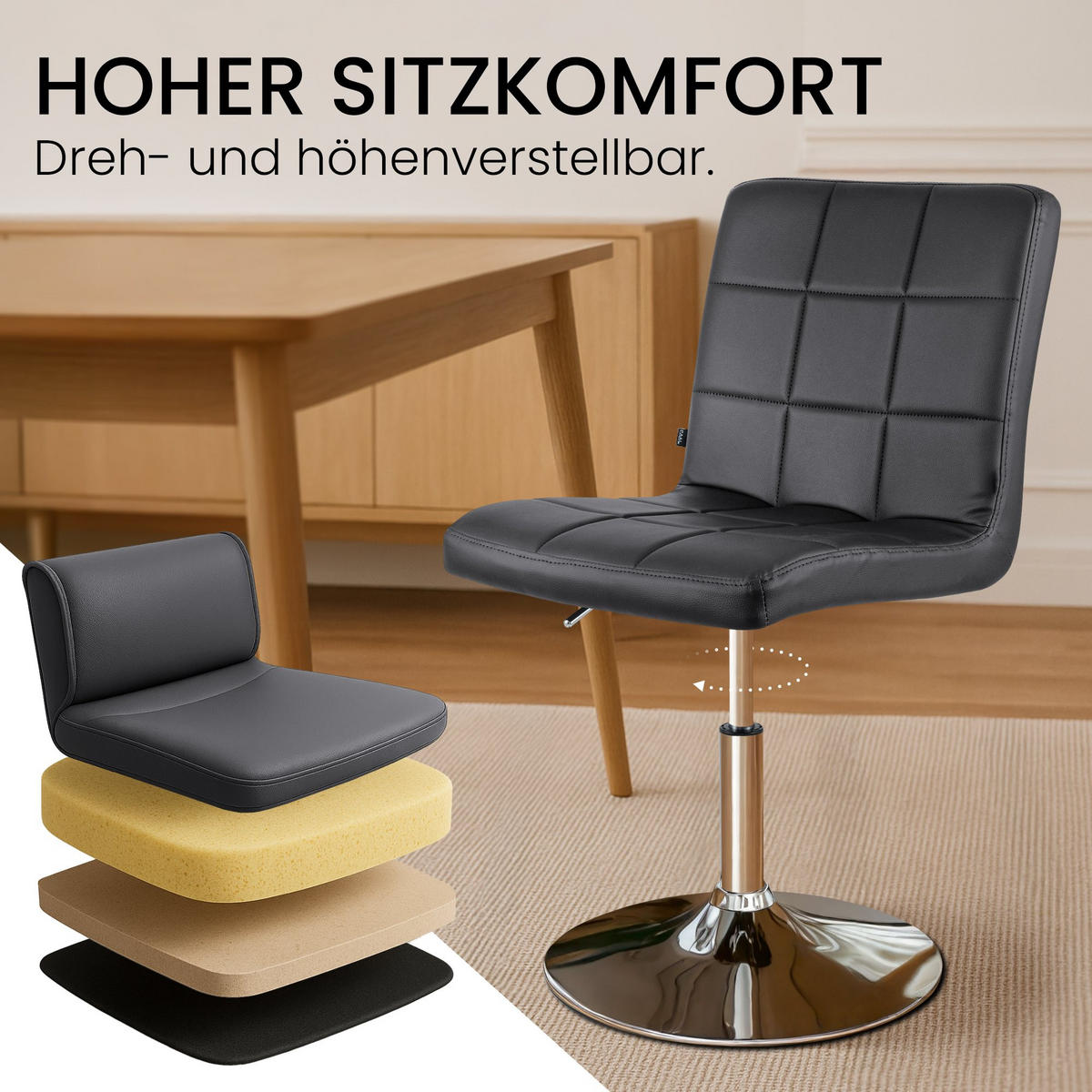 DREHSTUHL Lederlook Schwarz - Chromfarben/Schwarz, Textil/Metall (44/81/55cm) - CLP
