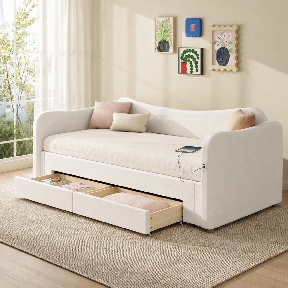 POLSTERBETT 90/200 mit Ausziehfunktion, Schubladen und USB-Anschluss in Beige - Beige, Holzwerkstoff/Textil (90/200cm) - EVRYAE