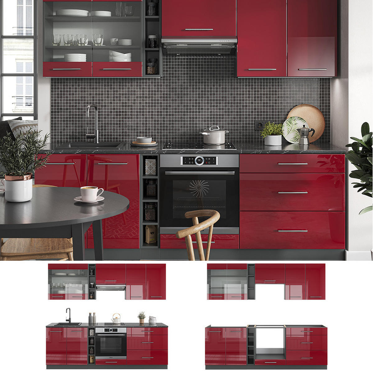 KÜCHENZEILE Fame-Line Bordeaux Hochglanz/Anthrazit 235 cm ohne AP - Bordeaux/Anthrazit, Holzwerkstoff (235/81.6/46cm) - Vicco