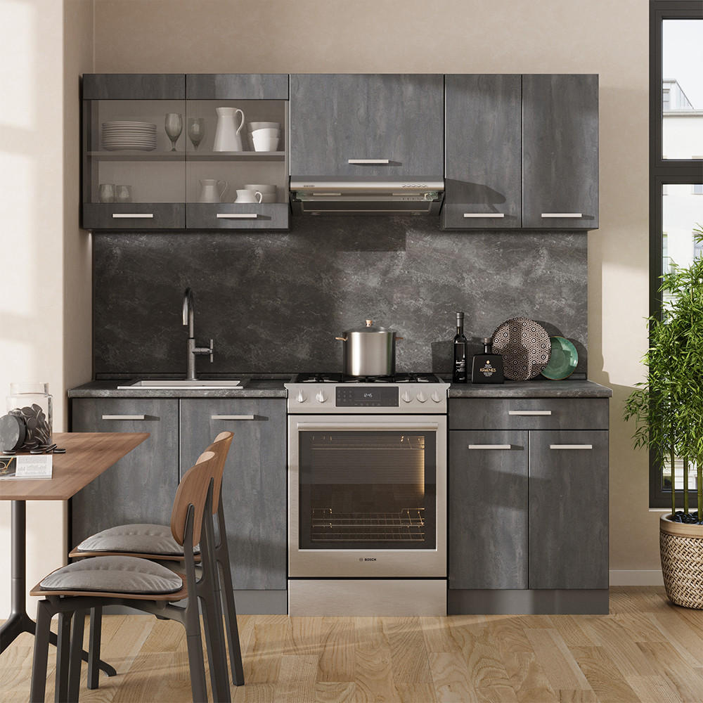 KÜCHENZEILE R-Line Schwarz Beton/Anthrazit 200 cm AP Eiche - Anthrazit/Schwarz, Holzwerkstoff (200/81.6/60cm) - Vicco