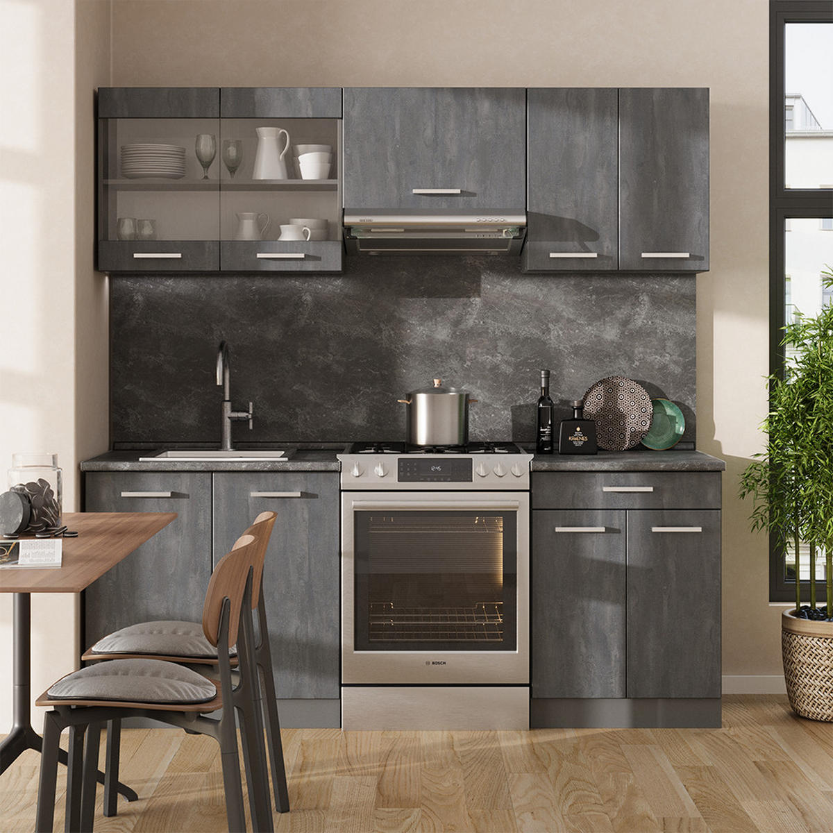 KÜCHENZEILE R-Line Schwarz Beton/Anthrazit 200 cm AP Eiche - Anthrazit/Schwarz, Holzwerkstoff (200/81.6/60cm) - Vicco