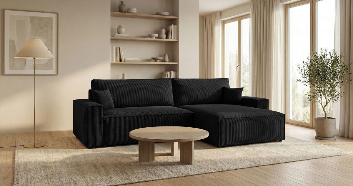 ECKSOFA VIENNA rechts schwarz Cord Poso 135 - Schlaffunktion, Bettkasten - Schwarz, Textil (285/184cm) - Cornero