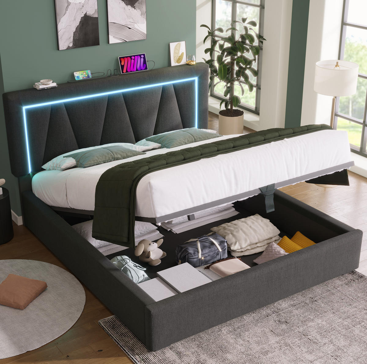 POLSTERBETT 140/200 cm mit LED-Beleuchtung, USB- und Type-C-Anschluss, Bettkasten und Matratze, Grau - Grau, Textil (140/200cm) - Redom