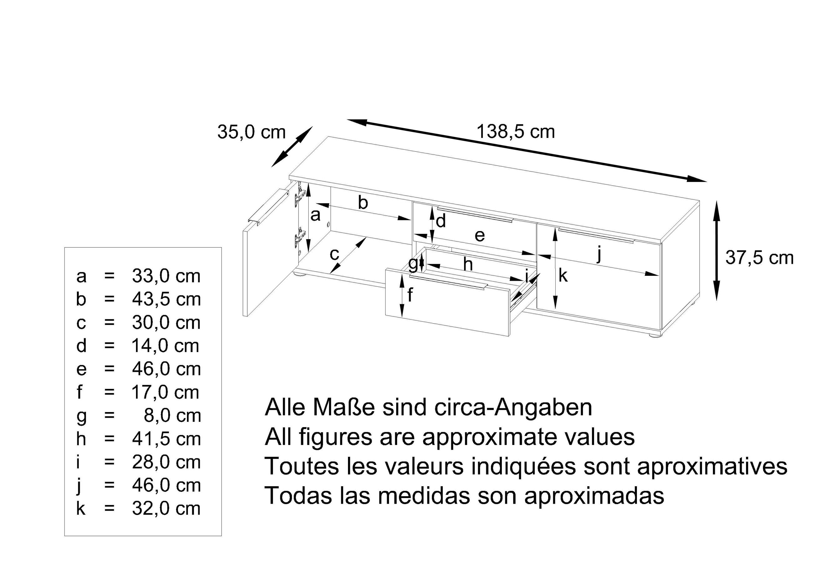 Thumbnail - Vladon Lowboard, Weiß Hochglanz, Sonoma Eiche, Holzwerkstoff, 138.5x37.5x35 cm, Wohnzimmer, Wohnwände, Lowboards, Lowboa...