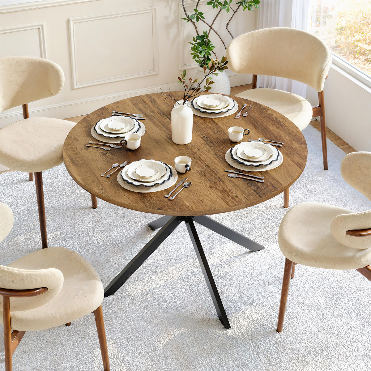 COUCHTISCH 120cm Runder Esstisch-Landhausstil Mit X-Beinen Retro-Braun Für 4-6 Personen - Braun, Holz (120/120/78cm) - Raelunyi