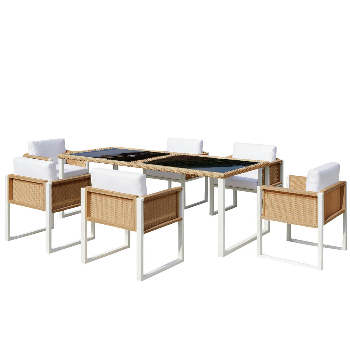 GARTENMÖBEL-SET 7-tlg. mit Glastisch und 6 Stühlen Braun Weiß - Braun, Holz - Beauniv