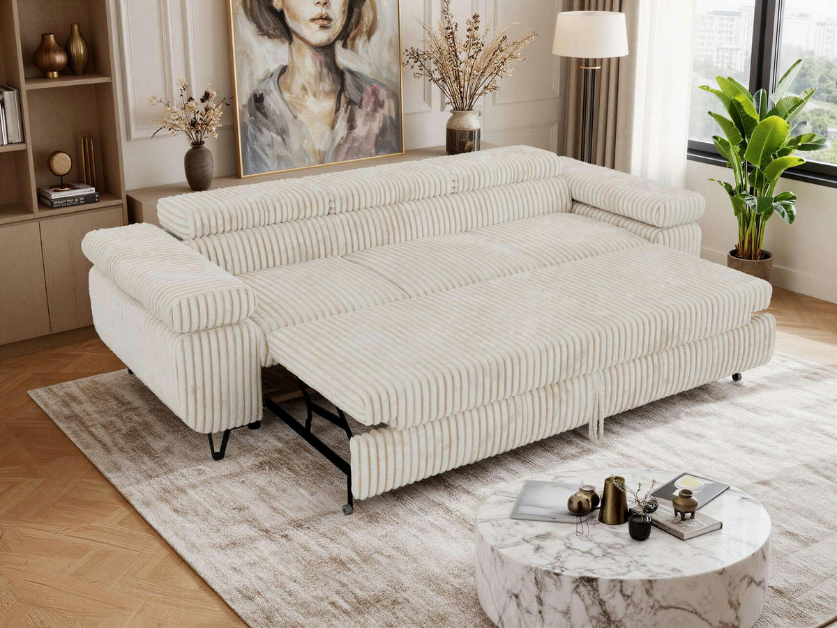 TŘÍMÍSTNÁ POHOVKA PETER 3 s rozkládací funkcí - Béžová Manšestr - černá/krémová, kov/textil (262/76/99cm) - MKS