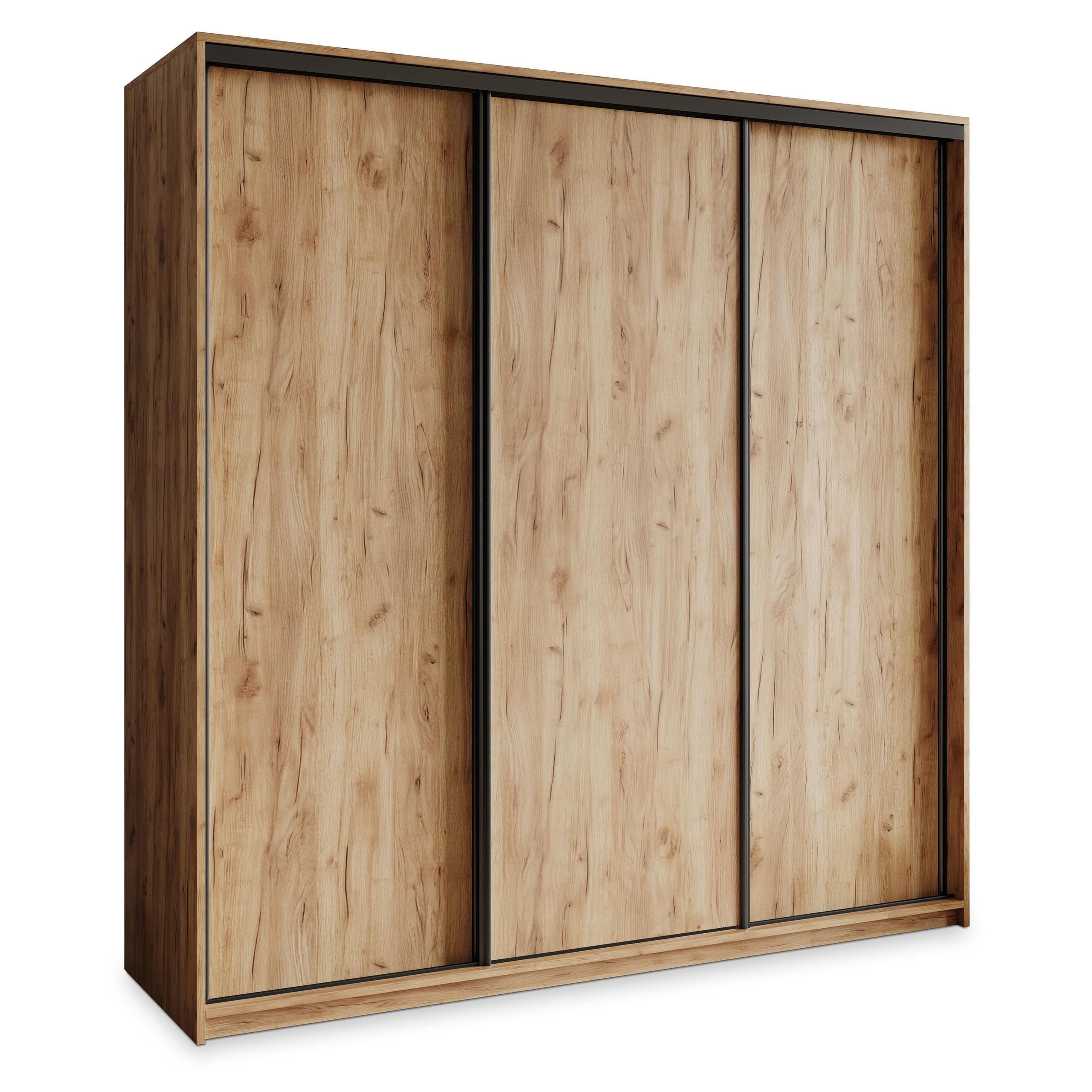 SCHWEBETÜRENSCHRANK NISSE 180/205/60 cm 3-türig mit Schubladen Craft Eiche Gold - Schwarz/Orange, Holzwerkstoff (180/205/60cm) - MASSENO