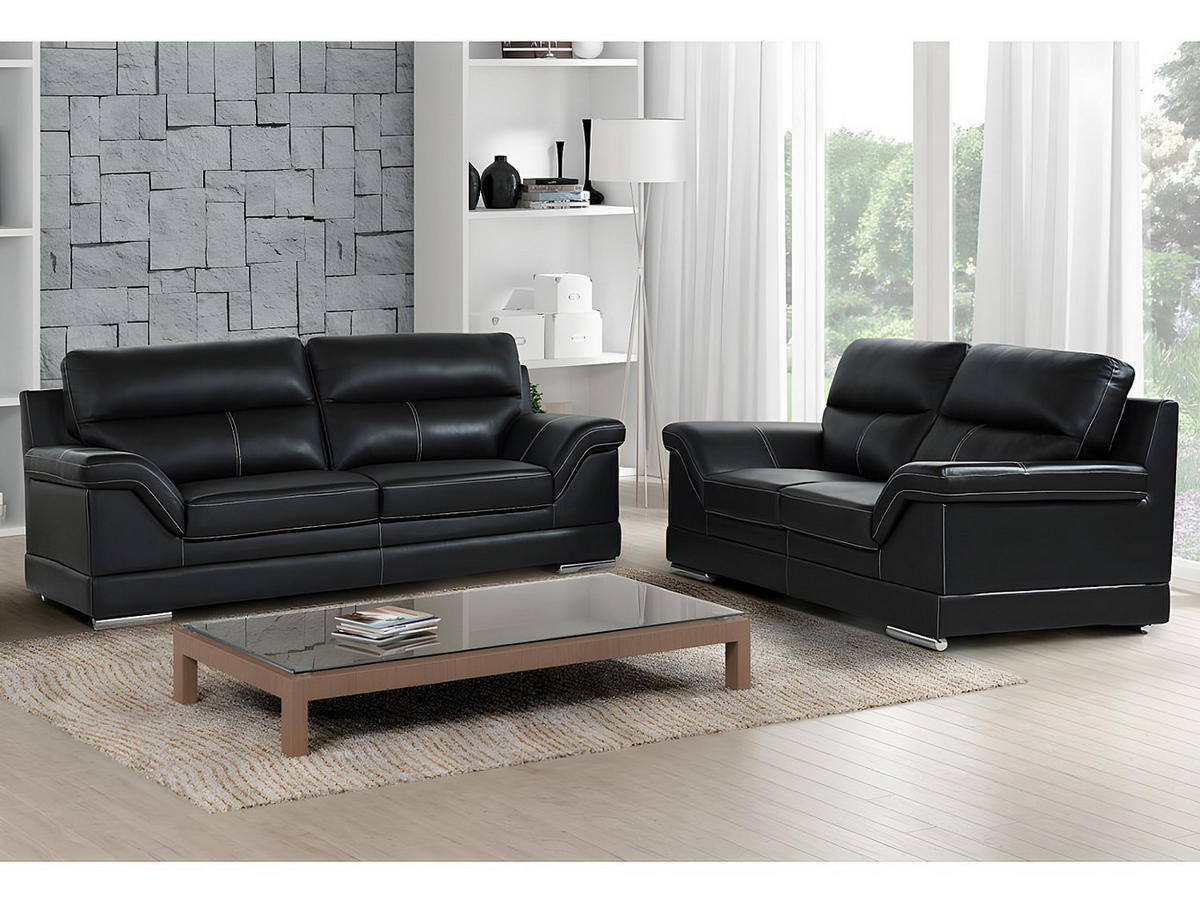 COUCHGARNITUR - 5 Personen - leder - schwarz Monika - Schwarz, Leder/Metall (190/100/103cm) - Vente-Unique
