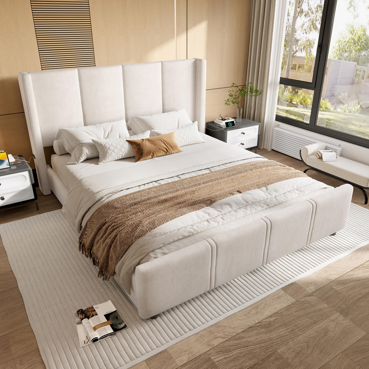 POLSTERBETT 140/200 cm in Beige Samt mit USB und Type-C - Beige, Holzwerkstoff/Textil (140/200cm) - WISHDOR
