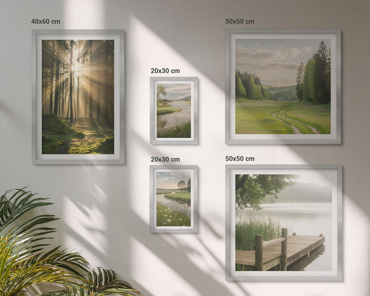 BILDER SET 5er Set - 50x50 cm & 20x30 cm & 40x60 cm Silberner Rahmen - Frühlingslandschaft Flusswiese - Silberfarben, Kunststoff (40/60cm) - TULUP