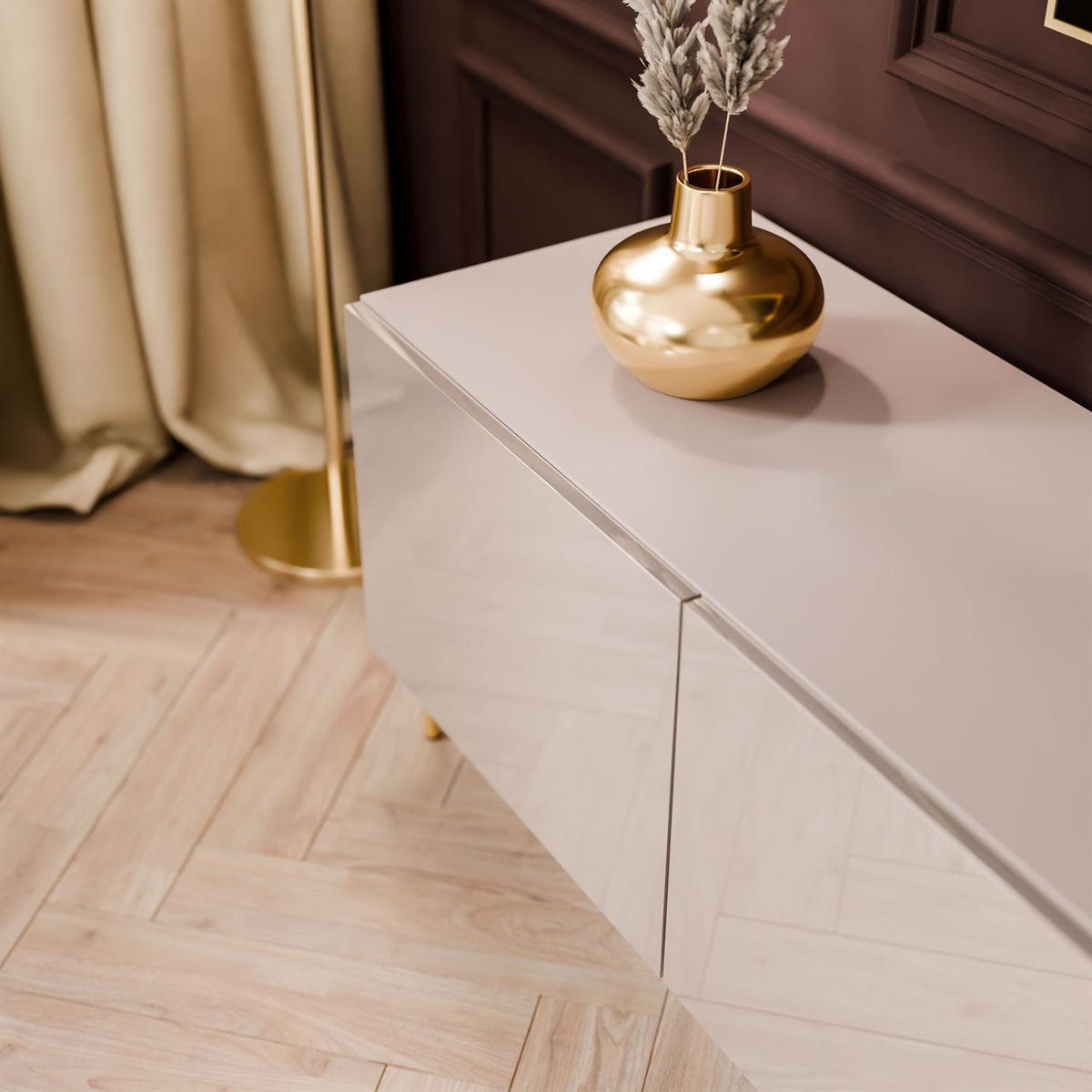 TV-SCHRANK COLGANTE 100 Kaschmir Hochglanz, mit LED, Gerade goldene Füßen - Kaschmir/Goldfarben, Holzwerkstoff (200/50/40cm) - Lookway