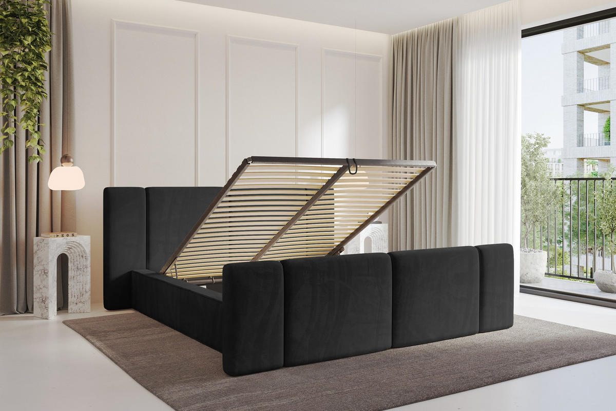 POLSTERBETT mit Bettkasten, Fußteil und Lattenrost, Boxbett ohne Matratze - RIVO-Z 160x200 Schwarz - Schwarz, Holzwerkstoff/Textil (160/200cm) - ALTDECOR