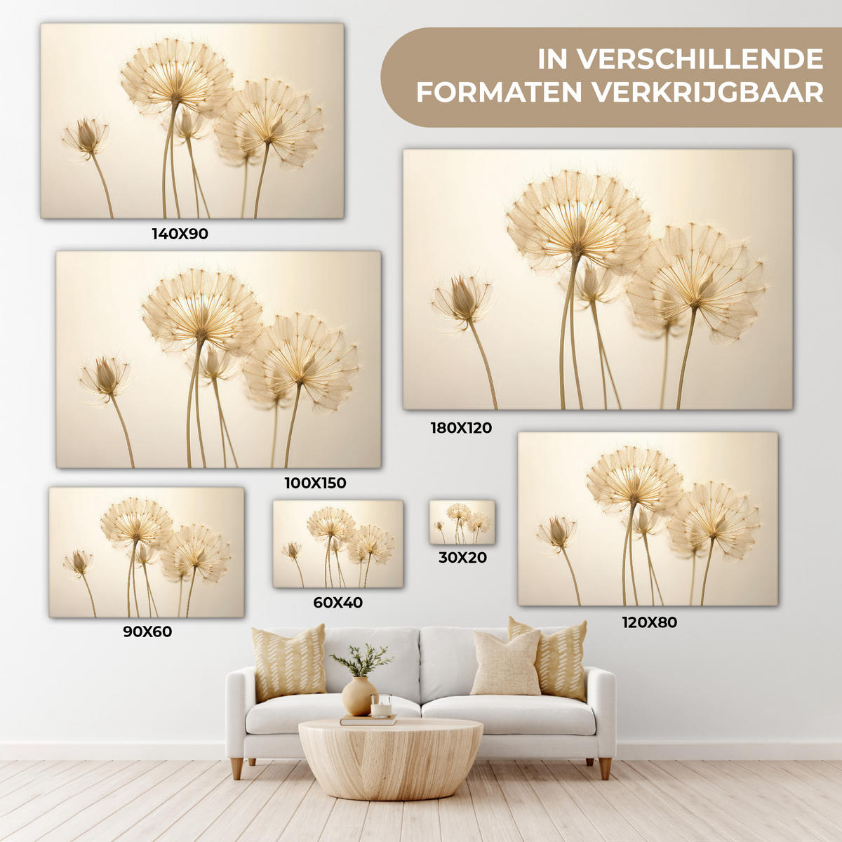 LEINWANDBILD Sonnenlicht - Löwenzahn - Botanisch - Blumen Wohnzimmer Groß 120x80 cm - Creme, Textil (120/80cm) - MuchoWow