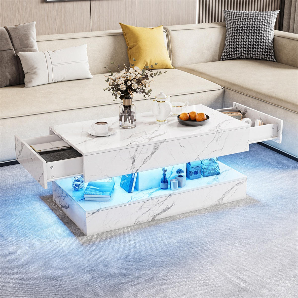 COUCHTISCH mit LED-Beleuchtung - Rechteckiger Couchtisch in Marmoroptik mit 2 Schubladen - Weiß - Weiß, Holzwerkstoff (50/100/45cm) - DELFA
