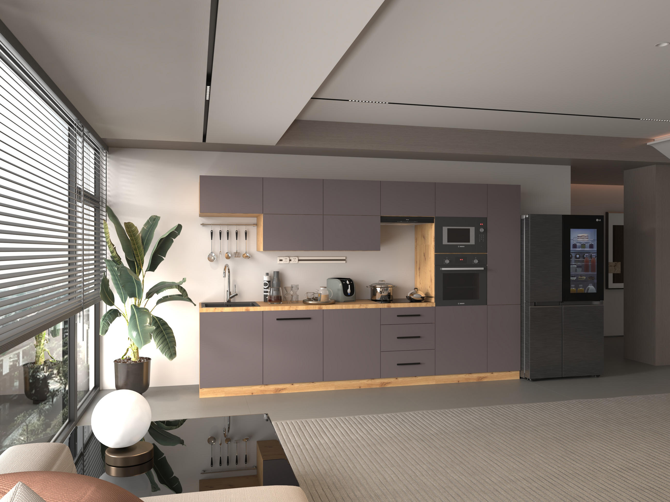 KÜCHENZEILE 340 - Langen KL1-M340 in Grau/Matt - Schwarz/Grau, Holz (340/212/58cm)