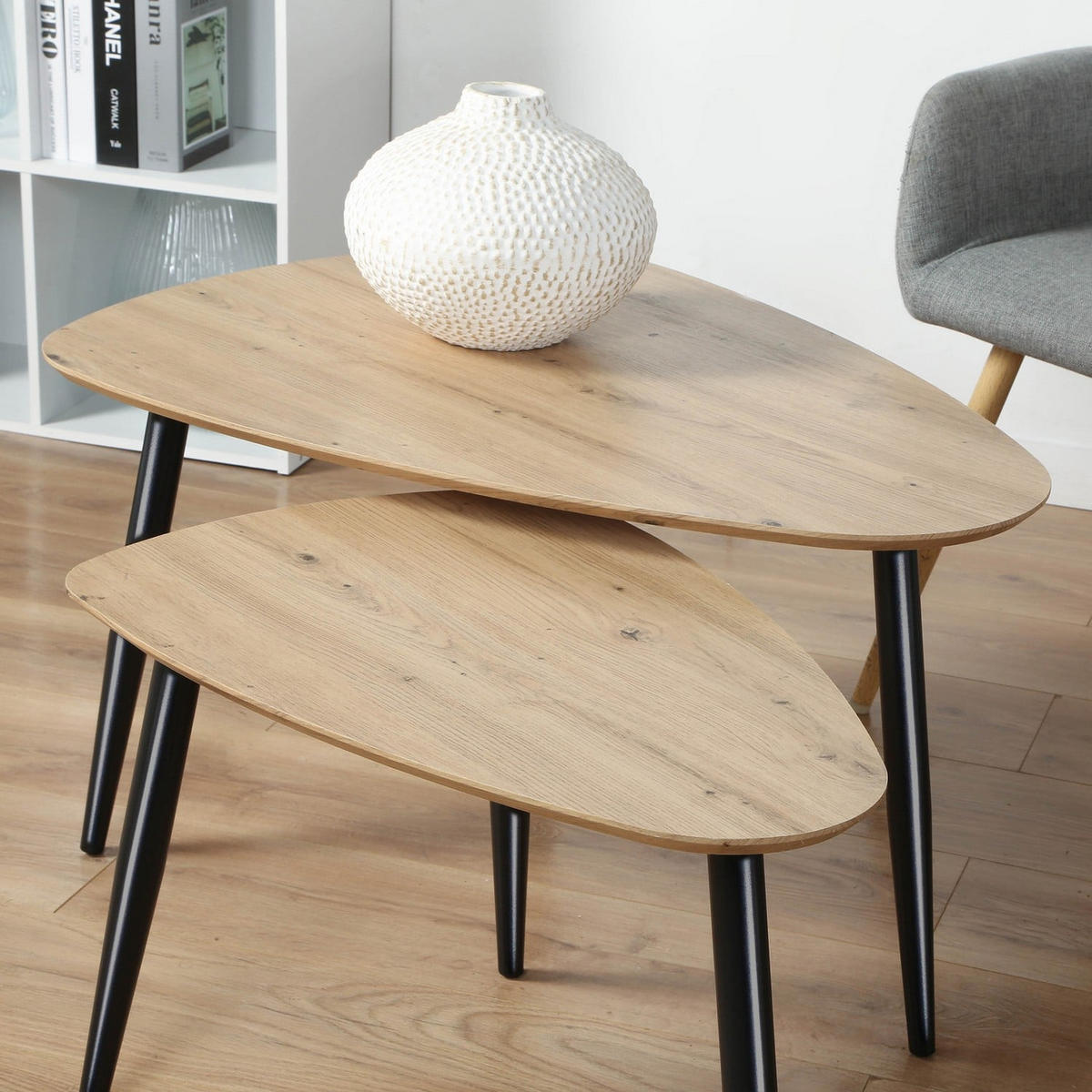 TISCH ineinander 2er-Set mit Metallbeinen 80/60/42 cm - Eschefarben, Holzwerkstoff (80/60/42cm) - Calicosy