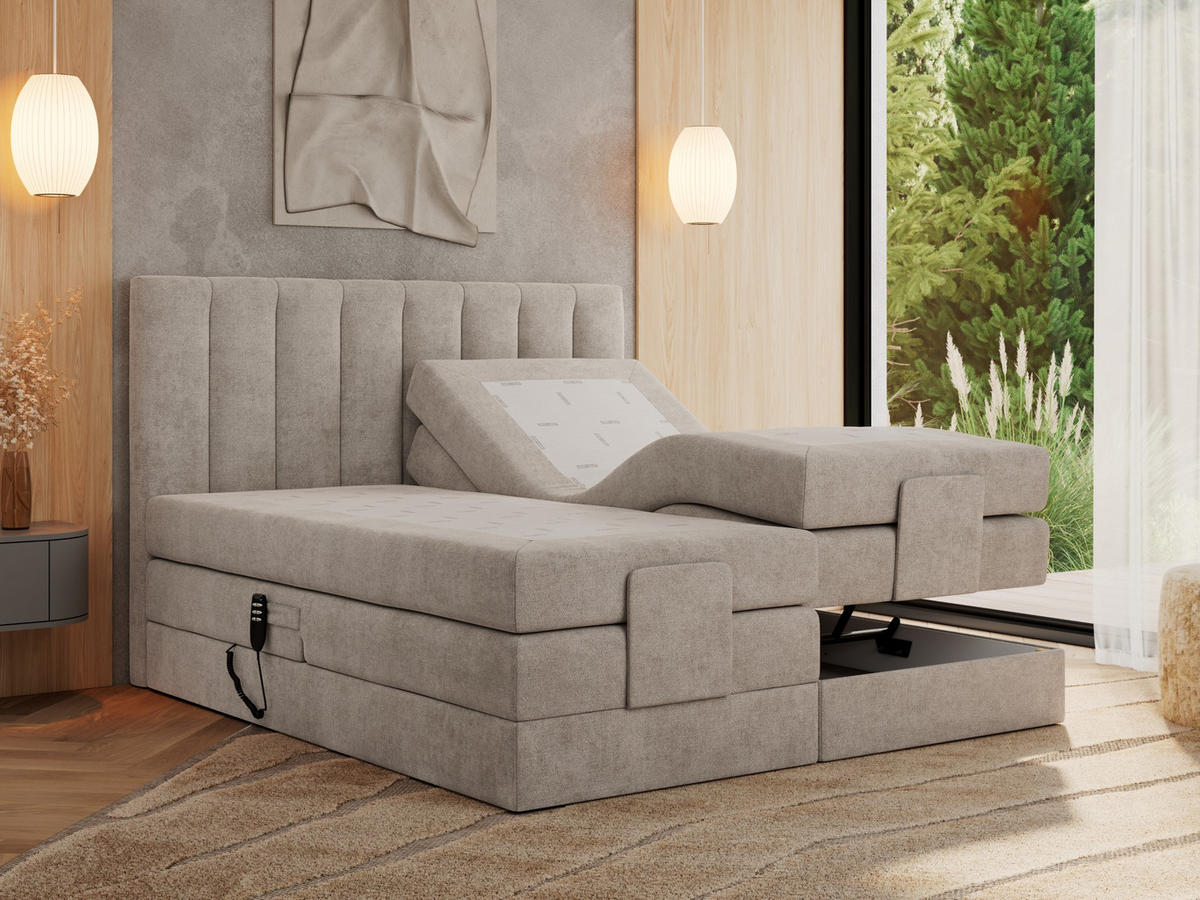 BOXBETT COMFORTO 160/200 - Beige Struktur - H3 - Beige, Holz/Textil (160/200cm) - MKS