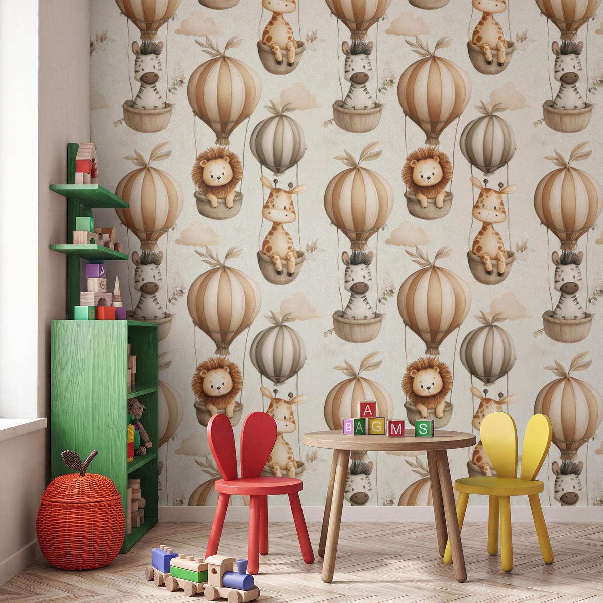 KINDERTAPETE - Safari - Heißluftballons - Taupe - 220x200 cm - Beige, Papier (220/200cm) - OnlyWow