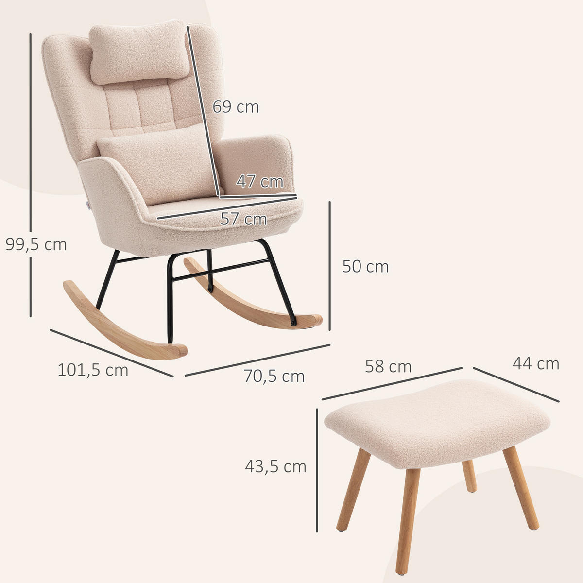 SCHAUKELSTUHL mit Fußhocker, weicher Fleece-Bezug, Holzbeine, Beige - Beige/Naturfarben, Holz/Buchenholz (70.5/99.5/101.5cm) - HOMCOM