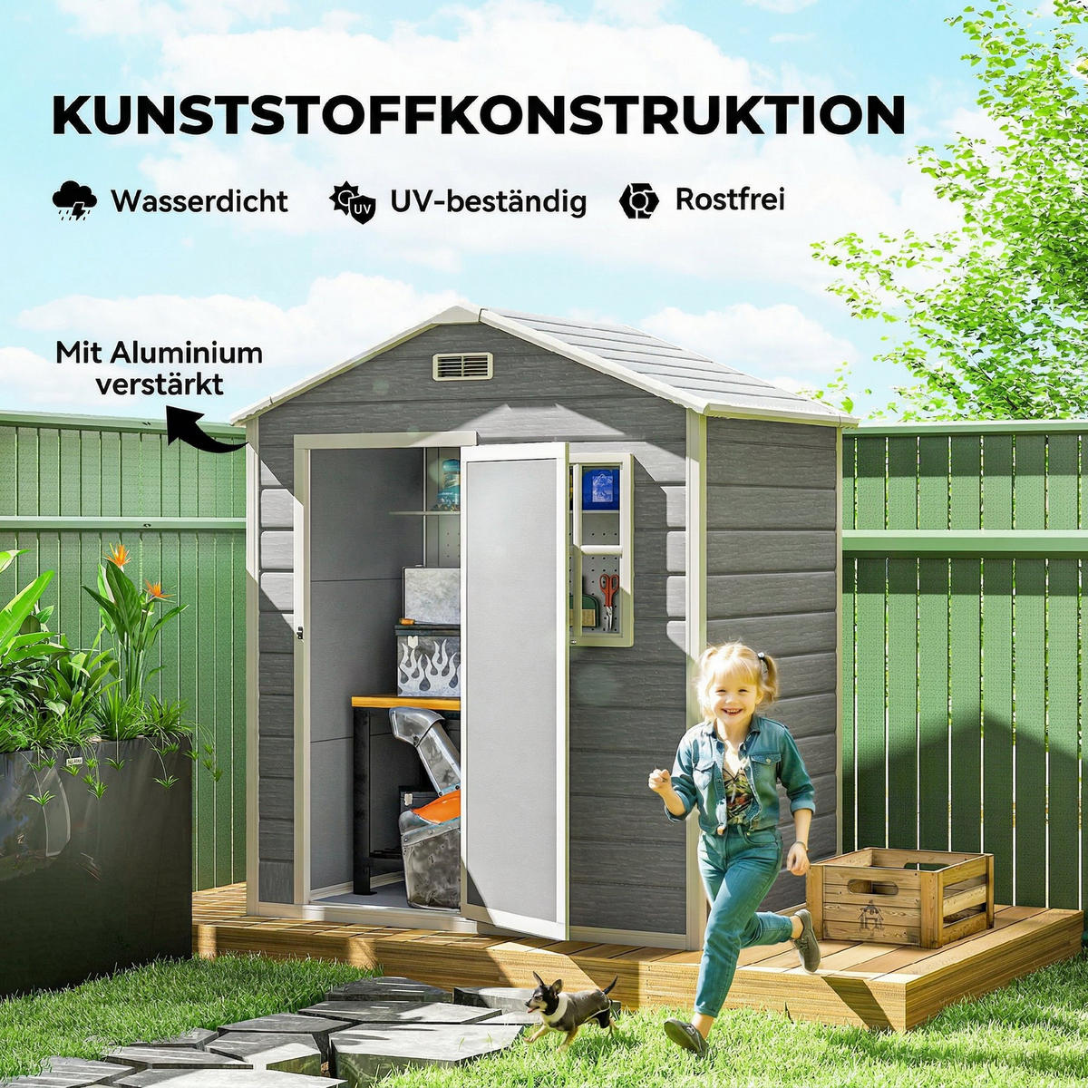 GERÄTEHAUS DE-08142 mit Satteldach & abschließbarer Tür - Grau, Kunststoff (121/200/182cm) - ComfortXL
