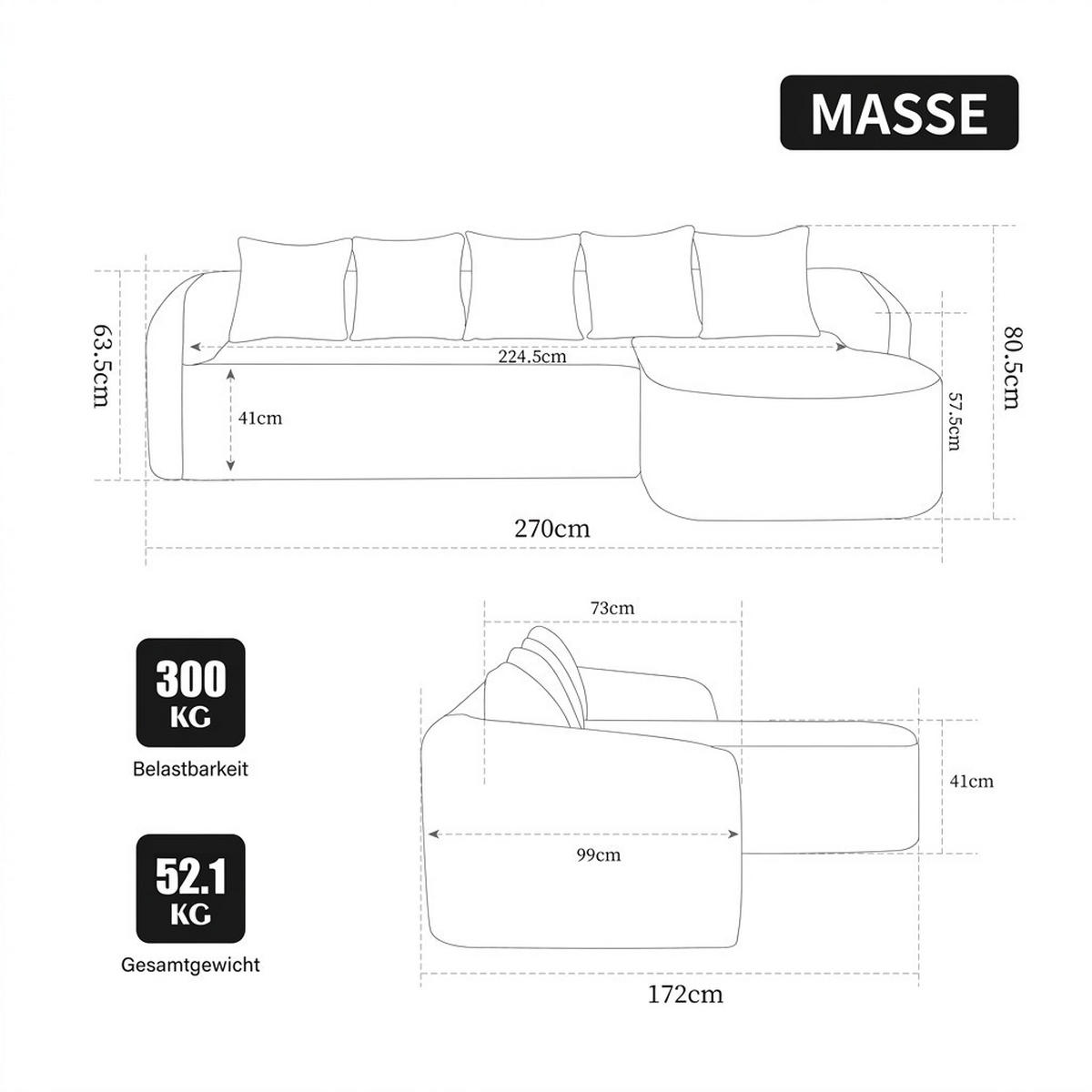 ECKSOFA 270/172/80.5 cm Beige Chenille, Linke Seite - Beige, Textil (270/172cm) - Oxeza