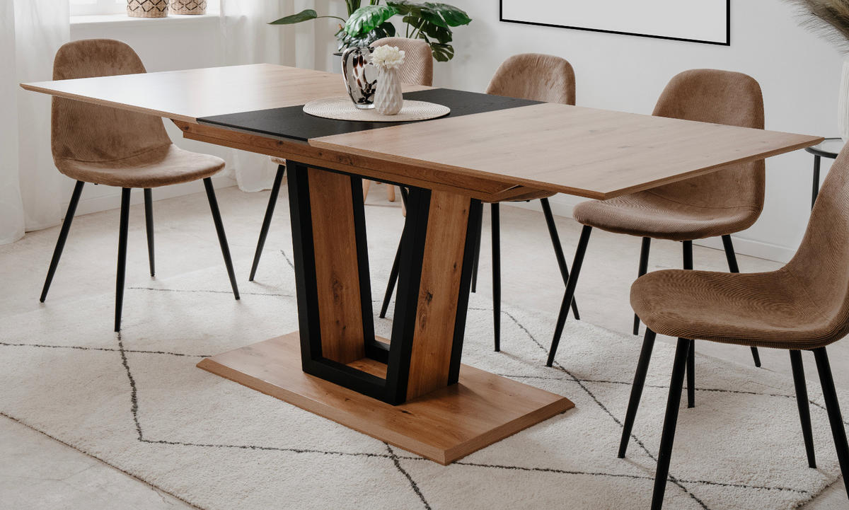 ESSTISCH Eiche Artisan, schwarz, Säulentisch ausziehbar 160 - 200 x 90 cm - Schwarz/Eiche Artisan, Holzwerkstoff/Metall (160/90/76cm) - Furn.Design