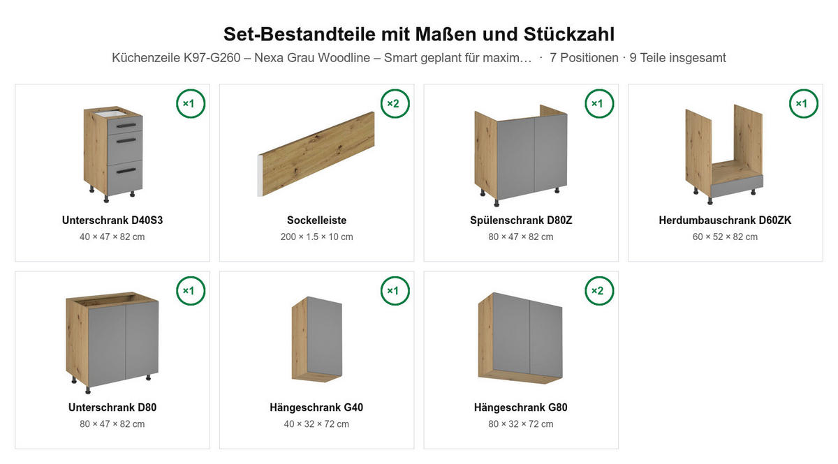 KÜCHENZEILE Nexa Grau & Woodline – 260 cm – K97-G260 - Hellbraun/Schwarz, Holzwerkstoff/Metall (260/212/52cm) - ROYAL24_MARKT