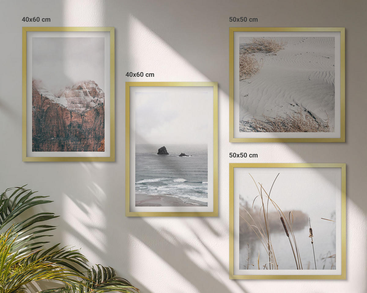 BILDER SET 4er Set - 50x50 cm & 40x60 cm Goldrahmen - Abstrakte Wellen, graue Pastellfarben - Goldfarben, Kunststoff (50/50cm) - TULUP