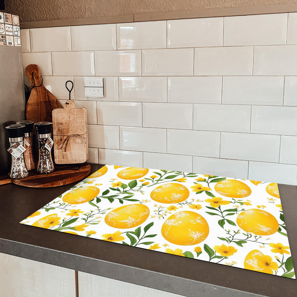 HERDABDECKPLATTE Blumen - Ostereier - Gelb Herdabdeckung Induktionsfeld 75x52 cm - Gelb, Kunststoff (75/52/0.2cm) - MuchoWow